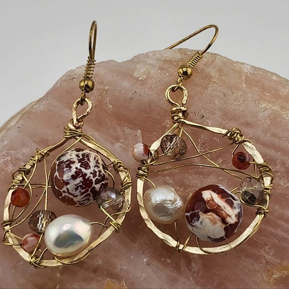 CATCH DREAMS BRASS METAL HANDMADE EARRINGS W/ AGATE, PEARLS & CRYSTALS